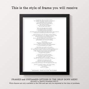 May include: A black and white framed print of a poem titled "Desiderata - Words for Life" by Max Ehrmann. The poem is printed in a typewriter font and includes advice on living a good life. The frame is a simple, modern style.