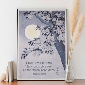Japanese Cherry Blossom Moon Print with Matsuo Basho Haiku Quote, Ohara Koson Art, Zen Nature Decor for Calm Minimalist Spaces