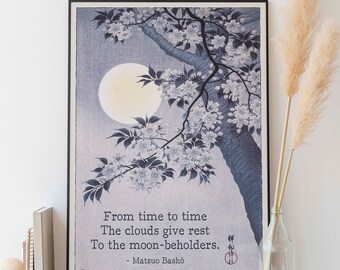 Yu/北苑/松尾芭蕉画詩/俳句/桜の句/花見/掛軸☆宝船☆AB-102 松尾芭蕉の俳句を引用した日本の桜の月プリント、小原古邨の