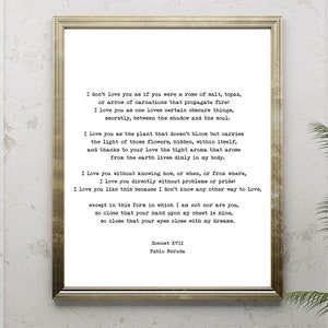 Pablo Neruda Love Poem Print, I Love You Without Knowing How Love Poetry Art, Gallery Wall Idea, Unframed