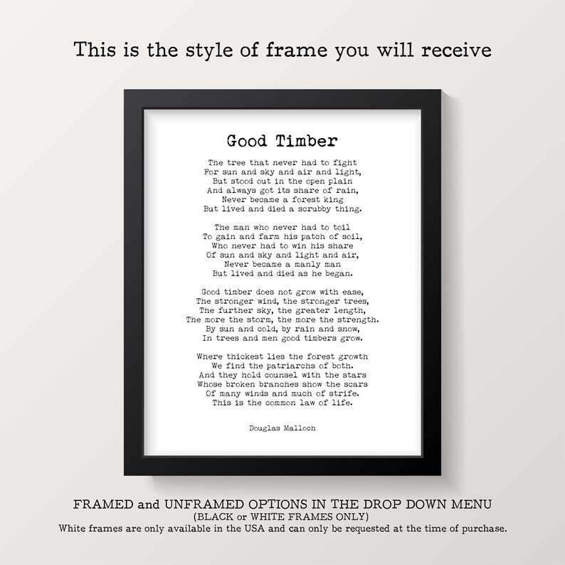 Pu&ograve; includere: Stampa incorniciata in nero con la poesia "Good Timber" di Douglas Malloch su sfondo bianco. Il testo in basso recita "FRAMED and UNFRAMED OPTIONS IN THE DROP DOWN MENU".