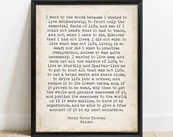 Stampa artistica con citazione di Henry David Thoreau Walden – Vivi con consapevolezza - Opera d'arte letteraria da parete