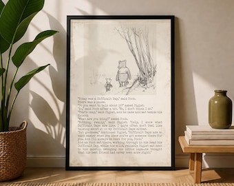 Difficult Days Winnie the Pooh Quote Unframed or Framed Nursery Wall Art Prints in Vintage Style with Pooh & Piglet Drawing, AA Milne