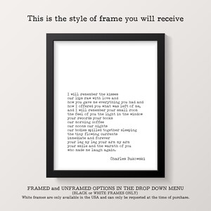 May include: A black framed print with a white background and a poem by Charles Bukowski. The poem is titled "I will remember the kisses". The text is in a typewriter font. The frame is a simple black frame with a white mat.