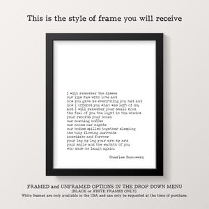 May include: A black rectangular frame containing a white print with black typewriter-style text featuring a poem by Charles Bukowski. The text reads: I will remember the kisses, our lips raw with love and how you gave me everything you had.