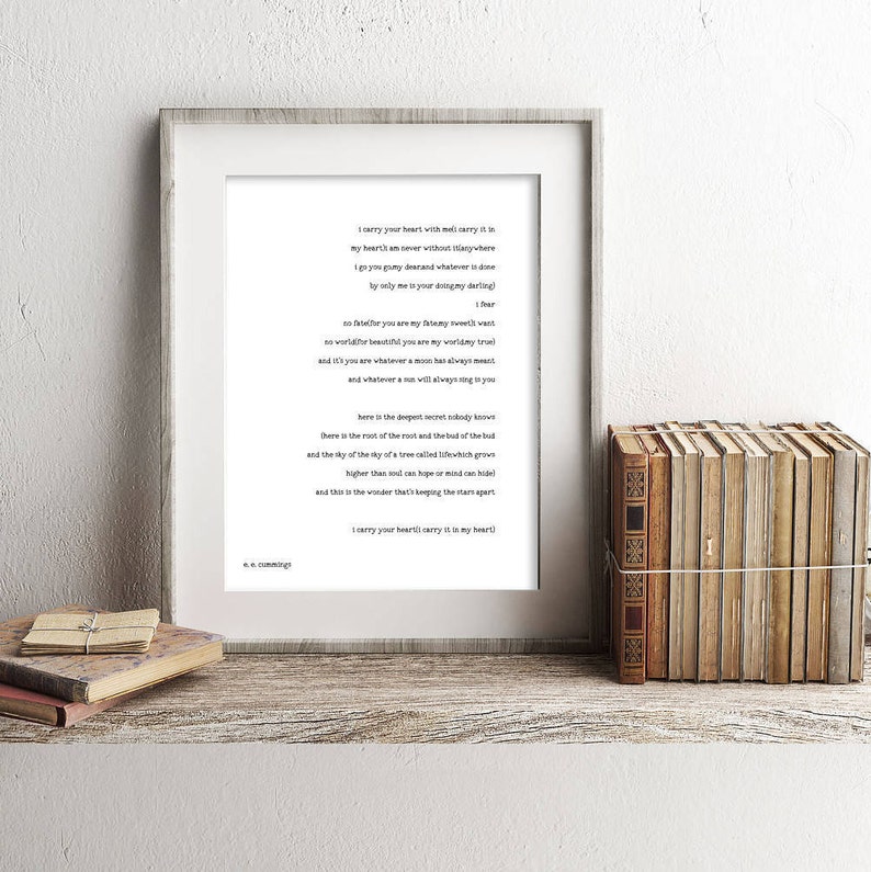 poetry quote art, ee cummings art, ee cummings print art, i carry your heart wall art, wedding poem print, black & white art decor White Background