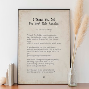 Arte de pared inspirador de la página del libro de E E Cummings, te agradezco a Dios por la mayor parte de este increíble poema de oración, decoración de pared con impresión de estilo vintage