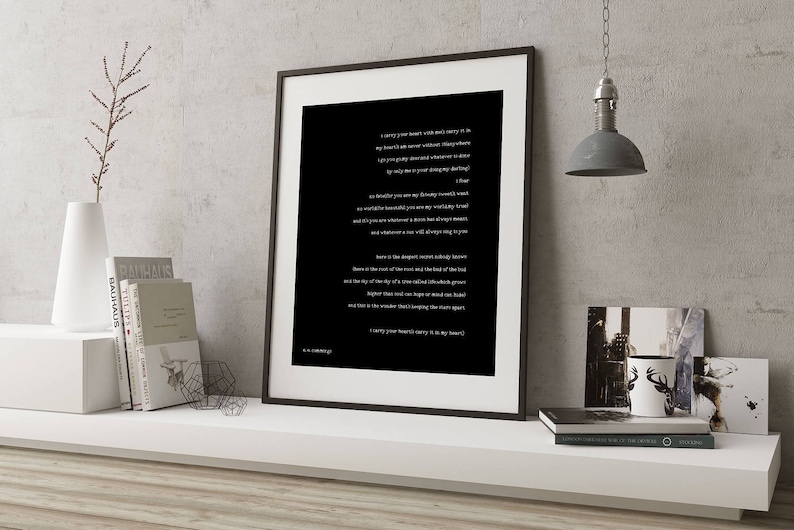 poetry quote art, ee cummings art, ee cummings print art, i carry your heart wall art, wedding poem print, black & white art decor Black Background