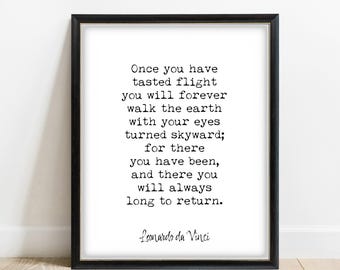 Leonardo da Vinci Flight Quote Print, Typewriter Aviation Wall Art, Framed or Unframed