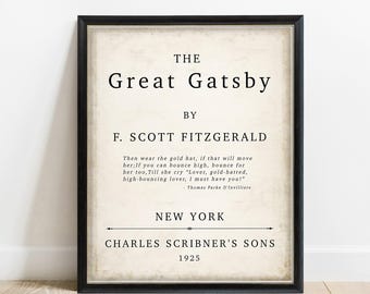 Great Gatsby Print, Vintage Book Page Wall Art by F. Scott Fitzgerald