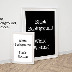 May include: Two white picture frames with black borders. The frame on the left has white text on a black background that reads "White Background Black Writing". The frame on the right has black text on a white background that reads "Black Background White Writing".