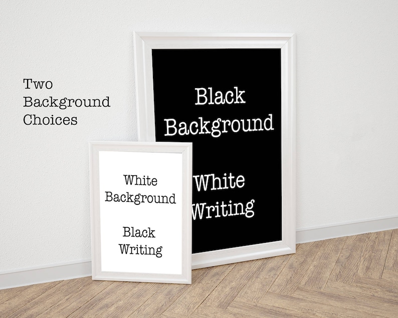 May include: Two white picture frames with black borders. The frame on the left has white text on a black background that reads "White Background Black Writing". The frame on the right has black text on a white background that reads "Black Background White Writing".