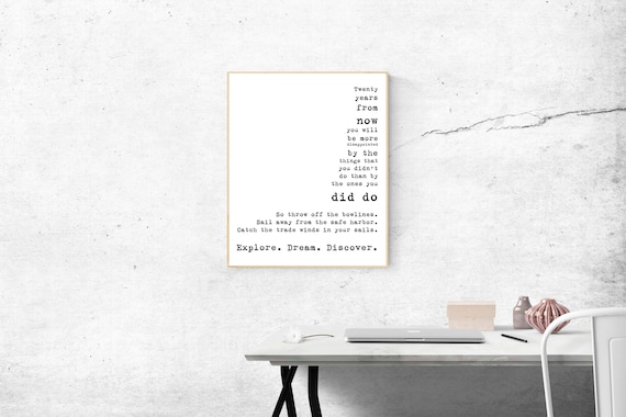 Quote Art Print Travel Decor, Mark Twain Inspirational Quote, Travel Art Home Decor, Explore Dream Discover, Twenty Years From Now