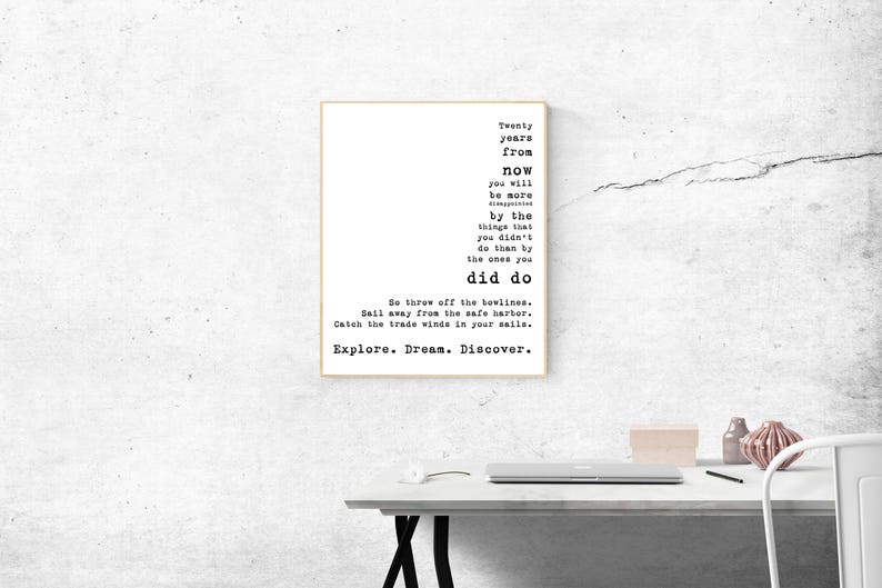 Zitat Kunstdruck Reise Dekor, Mark Twain Inspirierender Spruch, Reisekunst Home Dekor, Explore Dream Discover, zwanzig Jahre ab jetzt Bild 1