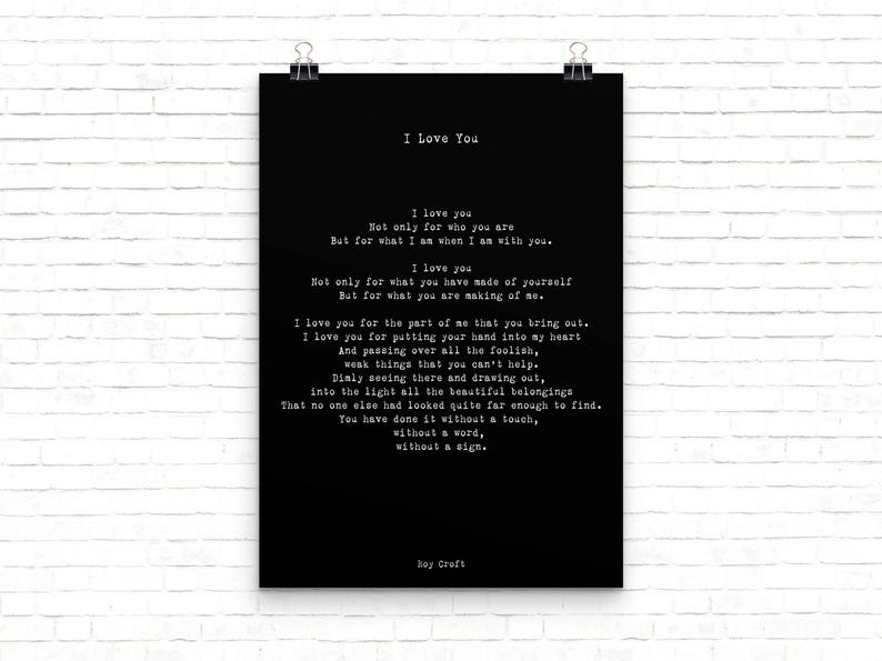 I Love You Poem, Wedding Poem or Engagement Gift Idea, Unframed or Framed Wall Art Prints Husband or Wife Anniversary Gift, Roy Croft Black Background