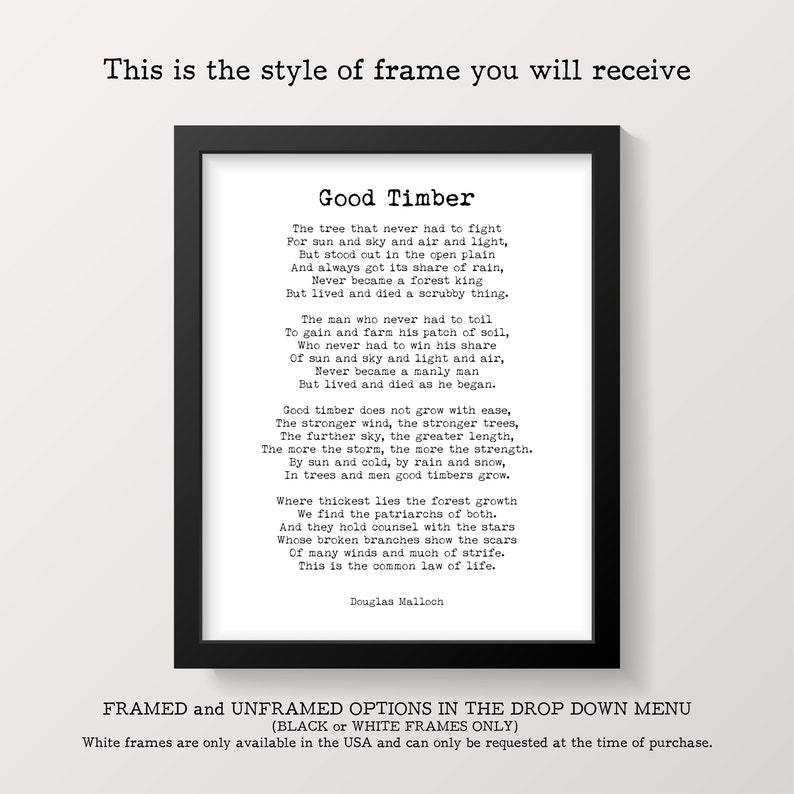 May include: A black framed print with a white background and a poem titled "Good Timber" by Douglas Malloch. The poem is about the strength and resilience of trees and people. The print is framed in a simple black frame.