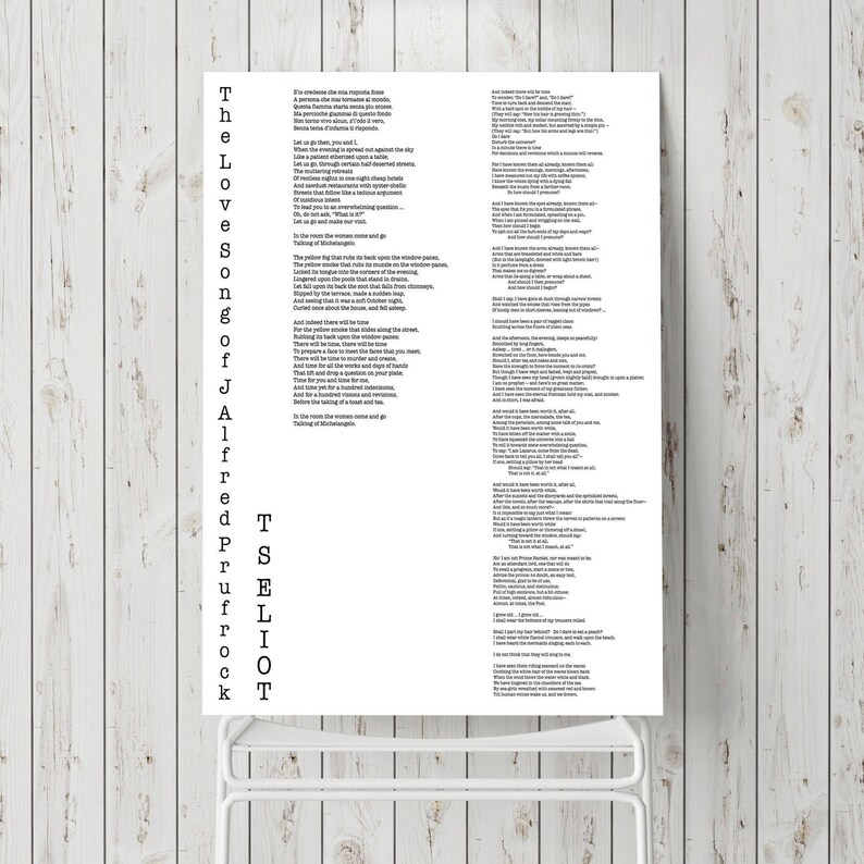May include: A black and white print of a poem titled "The Love Songs of J. Alfred Prufrock" by T.S. Eliot. The poem is printed on a white background and is framed in a black frame.