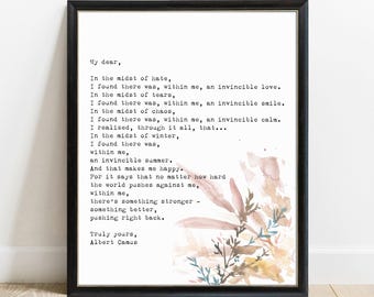 Albert Camus Invincible Summer Quote Print, Literary Wall Art