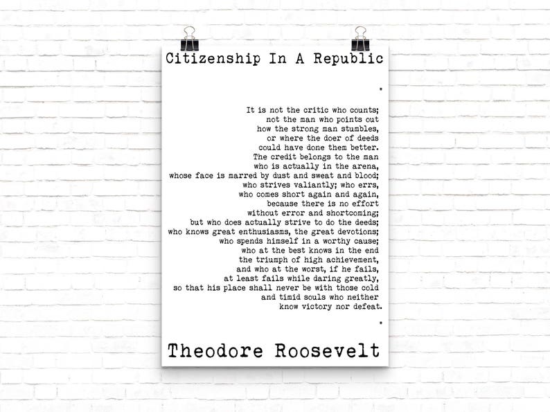 Theodore Roosevelt "Man in the Arena" citattryck - Inspirerande ledarskapsväggkonst - Motiverande vintage typografiaffisch bild 4