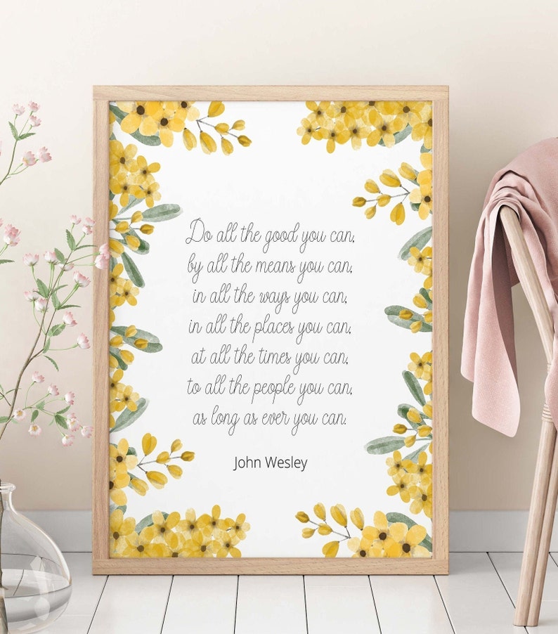 Citat "Gör allt gott du kan" i vitt och gult, inspirerande citat från John Wesley, väggkonst, oramad eller inramad. bild 1