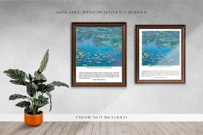 Puede incluir: Dos impresiones enmarcadas de la pintura "Nen&uacute;fares" de Claude Monet, con una cita debajo. Los marcos son marrones con detalles ornamentados. La obra representa un estanque con nen&uacute;fares y flores. Una planta en maceta con hojas a rayas verdes y blancas est&aacute; en primer plano.