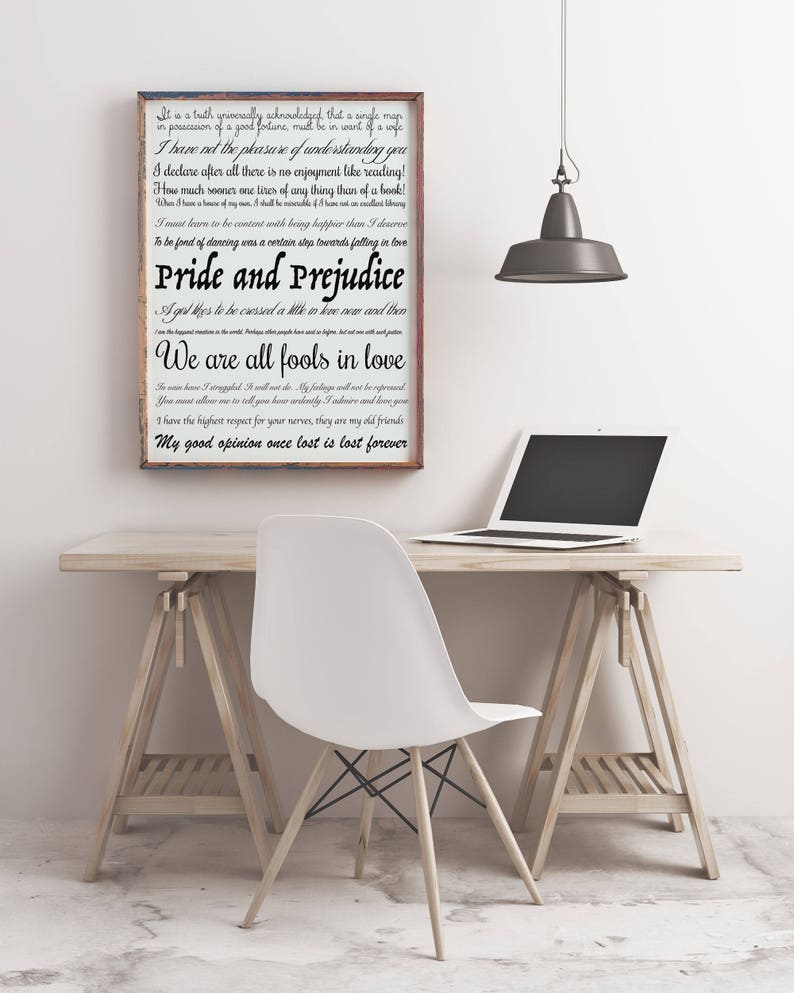 Pride And Prejudice Jane Austen Print For Bedroom Decor, Literary Art Quotes Home Decor, Unframed or Framed Book Quote Wall Art Gifts White Background