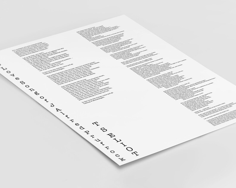 May include: A black and white print of the lyrics to the song "Love Song of J. Alfred Prufrock" by T.S. Eliot. The lyrics are printed in a typewriter font.