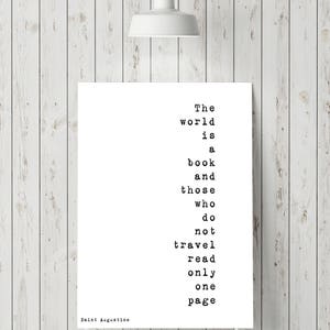 The World Is A Book Inspirational Quote, Travel Decor Quote Art Print in Black & White, Travel Art Home Decor, St Augustine