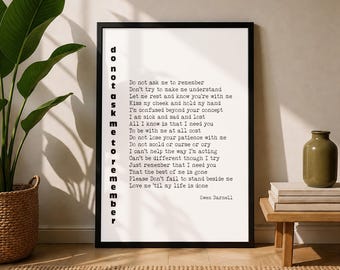 Owen Darnell Memory Loss Poem Print, Dementia Wall Art - Do Not Ask Me to Remember