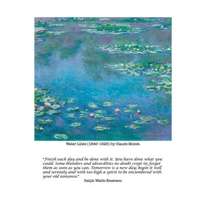 Puede incluir: Una pintura impresionista de nen&uacute;fares de Claude Monet. La obra representa un estanque con hojas de nen&uacute;far y flores rosas, representada en tonos de azul, verde y morado. Se muestra el texto "Water Lilies (1840-1926) by Claude Monet".