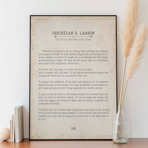 Christian D. Larson Promise Yourself Book Page Inspirational Wall Art, The Optimists Creed Quote Vintage Style Print Wall Decor