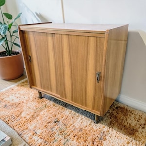 Può includere: Un mobile in legno in stile mid-century con ante scorrevoli. Il mobile è realizzato in legno marrone chiaro con un motivo a venature verticali. Ha maniglie in metallo e poggia su gambe corte e scure. Il mobile è posto su un tappeto fantasia.