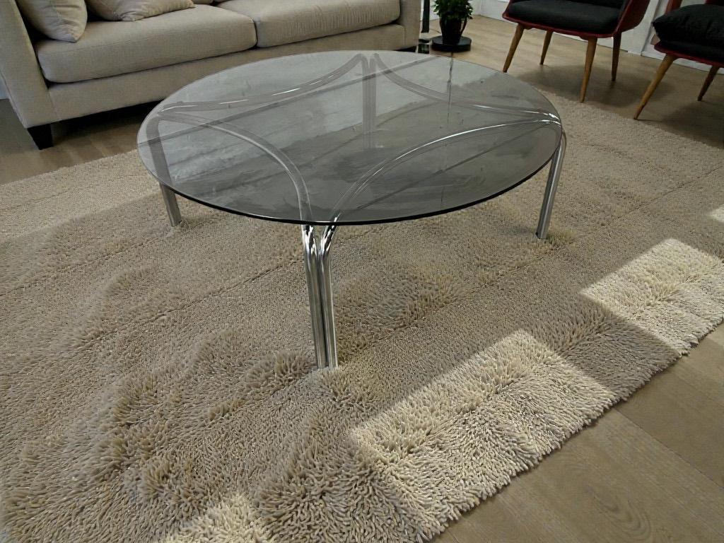 Table Basse Ronde Vintage En Verre Avec Cadre Chromé