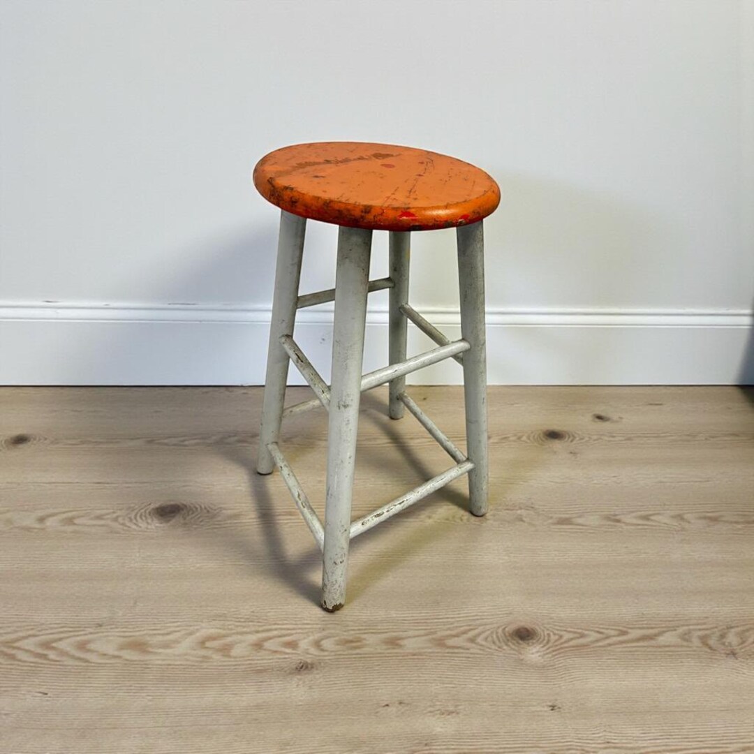 Library Stool Orange Vintage Wooden Orange Stool / Bar Stool / Tabouret - Etsy