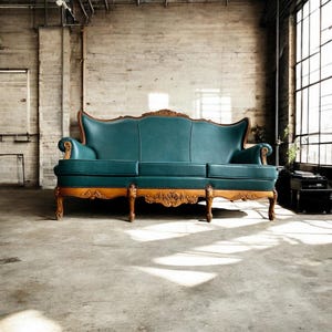 Op de afbeelding: Een teal driezitsbank met sierlijke houten details. De bank heeft een hoge rugleuning en gebogen armleuningen, met gesneden houten poten en een decoratieve houten rand aan de bovenkant. De bank staat in een kamer met een bakstenen muur en grote ramen.