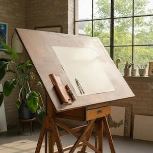 May include: A wooden drawing board with a large sheet of white paper, a leather case, and a compass. The table is in a well-lit studio with artwork and a large window. Drawing and art supplies are visible.