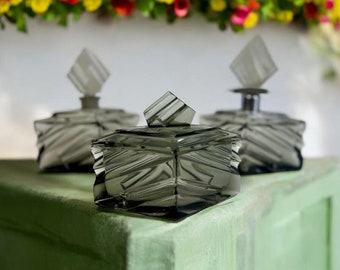 Vintage art deco perfume set in smoked glass