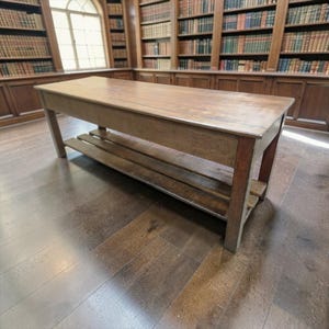 May include: A rectangular wooden table with a smooth, flat top surface and a lower shelf positioned between four sturdy legs. The table is constructed from brown wood with a visible grain pattern and features a simple, functional design.