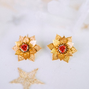 Flower earrings Festival earrings Gold earrings Summer earrings Flower jewellery Wedding accessories Red earrings Bridal earrings Boho zdjęcie 4