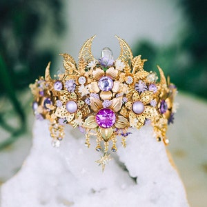 Lavender Flower Crown Flower Tiara Celestial Gold Wedding Headpiece Headband Fairy Eleven Flower Wedding Crown Boho Bride Crystal Crown