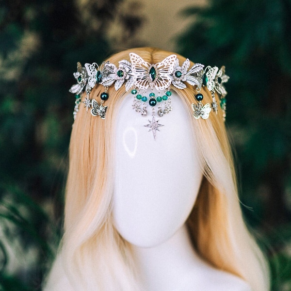 Emerald tiara Flower crown Jewellery Elf tiara Diadem Crown Fairy crown Bridal crown Burning man Festival headpiece Emerald crown Halloween