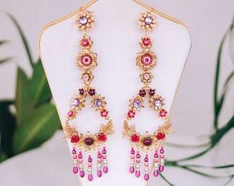 Romantic flower earrings, Gold earrings, Beautiful photo props, Floral jewellery, Wedding flower accessories, Pink earrings,Festival fashion
