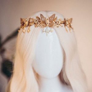 Gold crown with beige rhinestones, Butterfly crown, Butterfly headpiece, Wedding crown, Bridal headpiece, Fairy crown, Elven crown