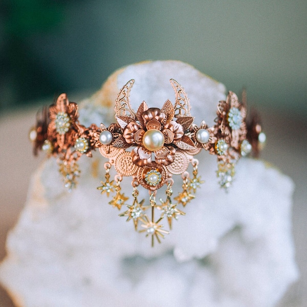 Rose gold crown with beige rhinestones, Moon crown, Bridal crown, Wedding crown, Bridal headpiece, Fairy crown, Elven crown