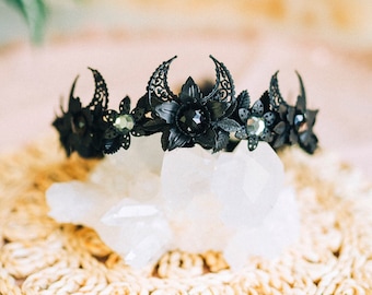 Midnight Crescent Moon Floral Tiara Black Goddess Crown Fantasy Celestial Headpiece