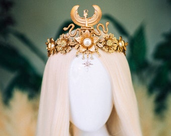Cleopatra Gold Crown, Egyptian Festival Crown, Handmade Luxury Headpiece, Mardi Gras Costume, Halloween Egyptian Tiara, Goddess Crown