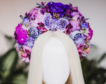 Purple Flower Crown, Floral Headpiece, Frida Style Headband