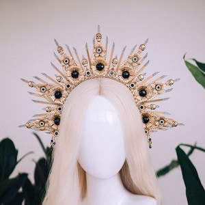 Skull Halo Crown, Gold Sunray Crown, Gothic Headpiece, Halloween Tiara, Skeleton Crown, Black Gem Crown, Festival Costume Tiara