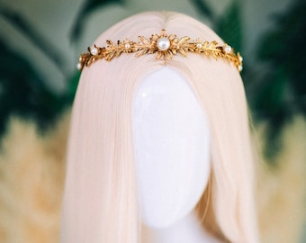 Golden Pearl Leaf Tiara Bridal Crown Goddess Headpiece