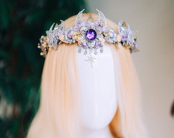 Couronne de fleur de lavande, casque de fleur, couronne argentée, couronne de mariée, casque de mariage, couronne de fleur pourpre, couronne de fée, couronne de cristal